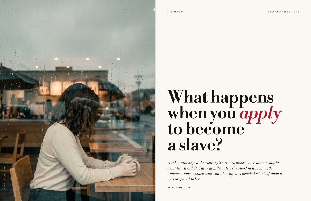 September magazine spread 1: headline "What happens when you apply to become a slave?" by Allison Grant