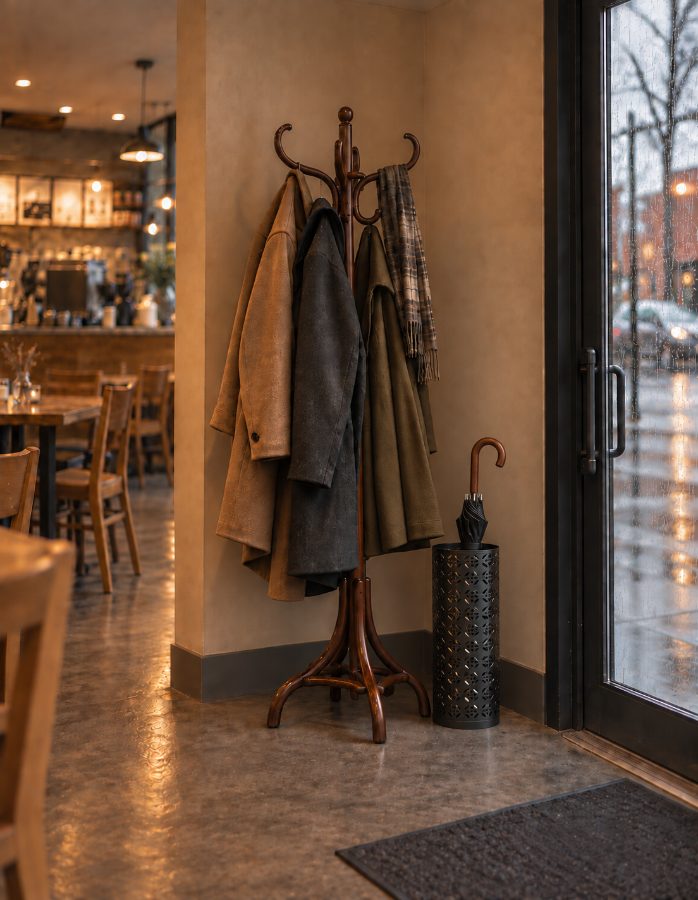 Coats hanging on a coat rack in the café